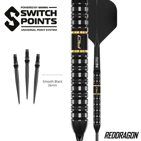 Fléchettes en acier Red Dragon Ascend Parallel Switch Point Das Bild zeigt die Red Dragon Ascend Parallel Switch Point Steeldarts. Die Darts sind seitlich abgebildet und zeigen das spezielle Barrel-Design.