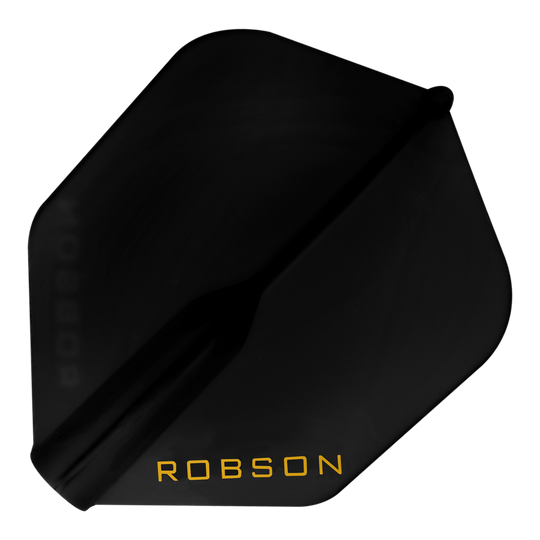 Vols Robson Plus - NO6 Auf dem Bild ist ein schwarzes Dart-Flight zu sehen. In einer Ecke steht das Wort "ROBSON" in gelber Schrift.