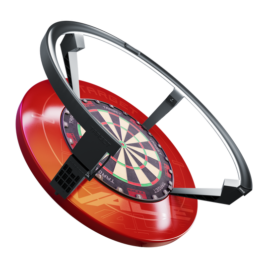 Système de notation automatique Target OMNI Das Bild zeigt das Produkt "Target OMNI Auto-Scoring-System", ein innovatives automatisches Punktesystem für Dartscheiben. Es besteht aus einem roten Sockel, einer Dartscheibe und einem großen schwarzen Ring, der über der Scheibe angebracht ist.