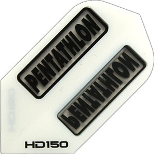 hd8 Das Bild zeigt eine HD 150 Pentathlon Flights HD8 Dartflügel. Auf dem weißen Flight steht zweimal das Wort "PENTATHLON" in schwarzer Schrift.