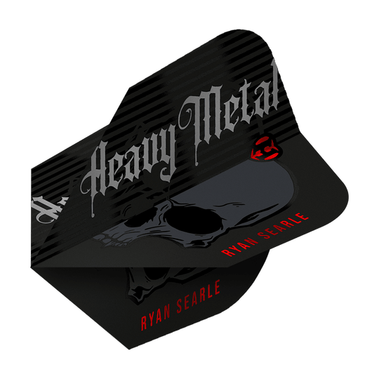 Das Bild zeigt ein Dart-Flight mit der Aufschrift "Heavy Metal" und einem Totenkopf-Design. Unten steht in roten Buchstaben der Name "Ryan Searle".