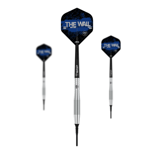 Fléchettes souples Bulls Martin Schindler TW80 - 18 g Das Bild zeigt drei Softdarts des Modells "Bulls Martin Schindler TW80" mit einem Gewicht von 18g. Die Flights der Darts sind schwarz-blau und tragen die Aufschrift "THE WALL".