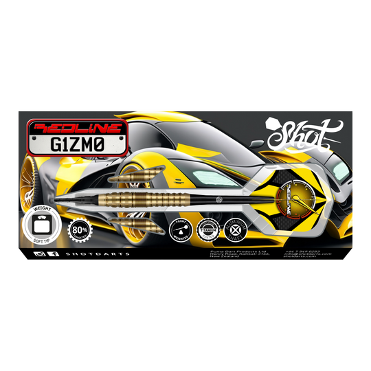 Fléchettes souples Shot Redline Gizmo - 20 g Auf dem Bild ist das Produkt "Shot Redline Gizmo Softdarts - 20g" abgebildet. Im Hintergrund ist ein sportliches, gelb-schwarzes Auto zu sehen, das das dynamische Design der Softdarts unterstreicht.