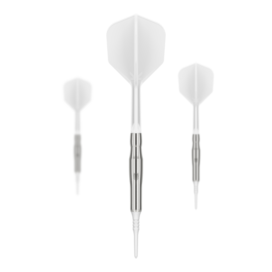 Fléchettes souples Target Japan Crux Brave - 18,5 g Das Bild zeigt drei Softdarts des Produkts "Target Japan Crux Brave Softdarts - 18,5g". Die Darts haben silberne Schäfte und weiße Flights.