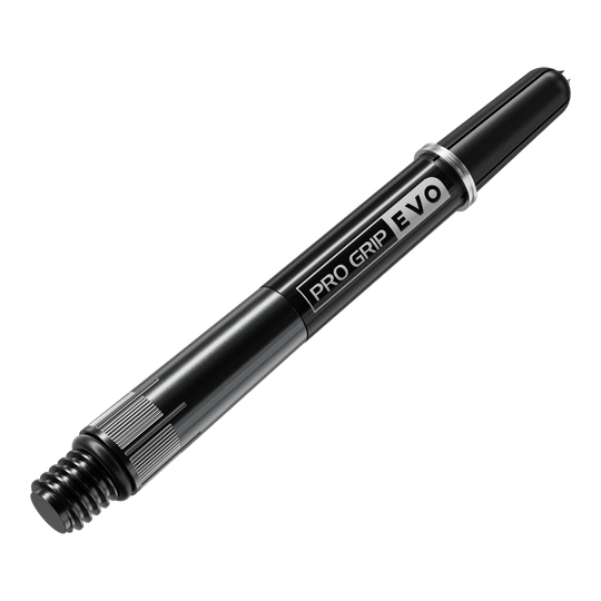 Das Bild zeigt einen schwarzen Pro Grip Evo Dart-Schaft aus Titan. Auf dem Schaft steht "PRO GRIP EVO" in weißen Buchstaben.