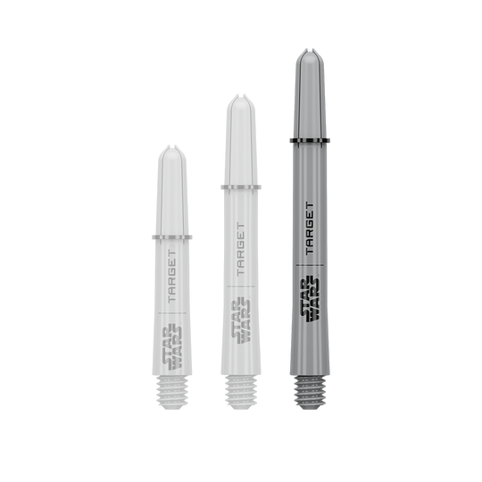 Poignées Target Star Wars ProGrip - Grises Das Bild zeigt ein Dart-Zubehör mit dem Dateinamen 380432_Target_StarWars_ProGrip_Shafts_Grau_Medium_48mm_1. Es handelt sich wahrscheinlich um einen einzelnen grauen Medium ProGrip Shaft von Star Wars mit 48mm Länge.