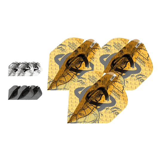 Target Ink Bundle 3 ensembles Gabriel ClemensNo2 Vols standard Das Bild zeigt drei Sets von Gabriel Clemens No2 Standard Flights aus der Target Ink Bundle Kollektion. Die Flights haben unterschiedliche Designs in Gelb, Schwarz und Weiß.