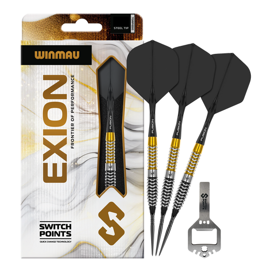 Das Bild zeigt vermutlich Winmau Exion Torpedo Switch Points Steeldarts in voller Ansicht. Es handelt sich um ein Dartprodukt für Dartspieler.