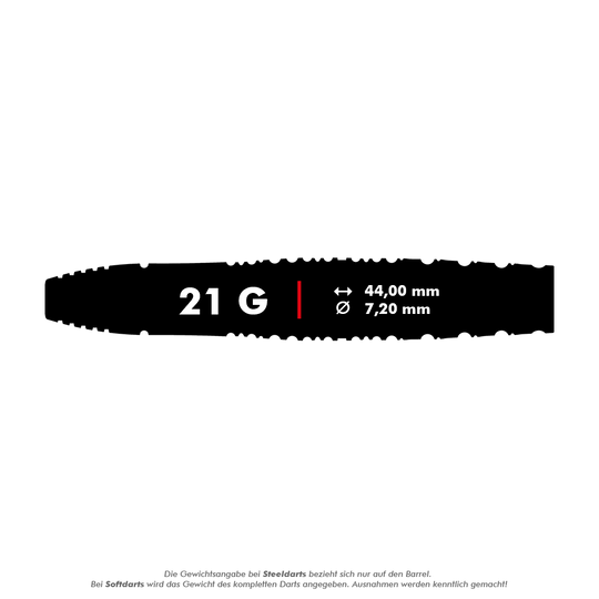 Target Japan Toru Suzuki Sereno GEN1 Swiss Point Steeldarts - 21 g Das Bild zeigt einen Dartpfeil mit der Aufschrift "21 G". Die Länge beträgt 44,00 mm und der Durchmesser 7,20 mm.