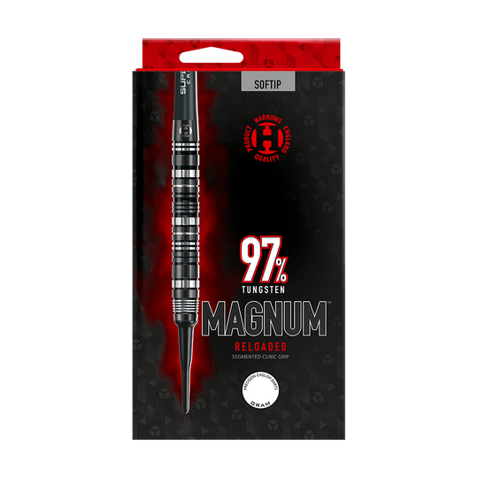 HA29471_Harrows_Magnum_Reloaded_Softdarts_3 Die Abbildung zeigt die Verpackung der "Harrows Magnum Reloaded Softdarts". Auf der Verpackung steht, dass die Darts aus 97% Tungsten bestehen und einen segmentierten Cubic Grip haben.