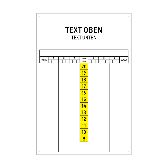 INSCORE3_Scoreboard_mit_Wunschdruck_40x60cm_Gelb_1 Das Bild zeigt eine Anzeigetafel mit einem großen Feld für individuellen Text oben und unten. In der Mitte befinden sich gelbe Felder mit den Zahlen 10 bis 20 und einem "B" darunter.