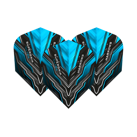 Das Bild zeigt drei Dart-Flights des Modells "Harrows Supergrip Ultra Aqua Standard". Die Flights sind in den Farben Blau, Schwarz und Weiß gestaltet und tragen den Schriftzug "Harrows" und "Supergrip Ultra".