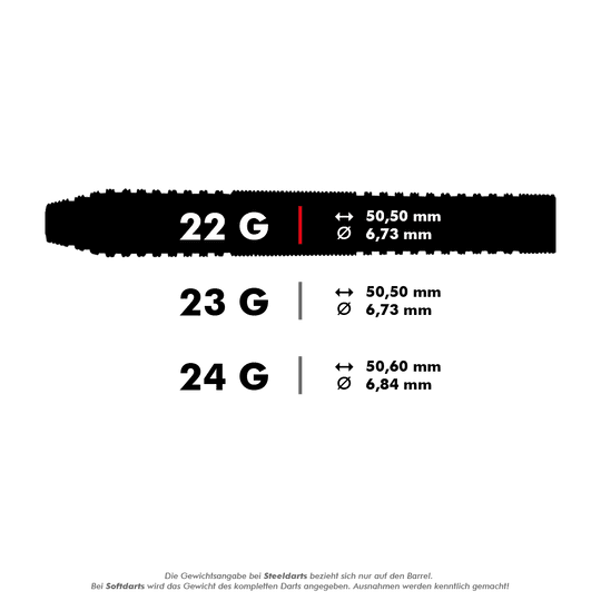 BU17423_Bulls_NL_Dirk_van_Duijvenbode_Steeldarts_5_22g Dieses Bild zeigt die Spezifikationen von Steeldarts in drei verschiedenen Gewichtsklassen: 22g, 23g und 24g. Die Längen und Durchmesser der Darts sind ebenfalls angegeben.
