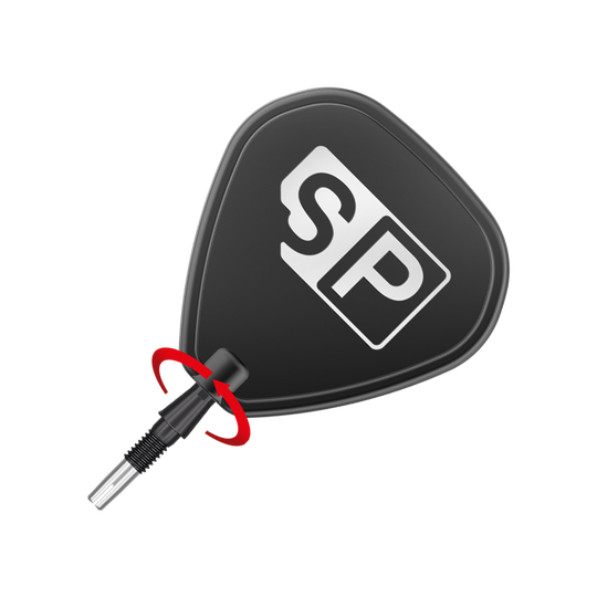 Pointes de fléchettes Target Swiss Storm Onyx Point - Noires Das Bild zeigt eine schwarze Dartspitze mit der Aufschrift "SP". Ein roter Pfeil zeigt, dass die Spitze gedreht werden kann.