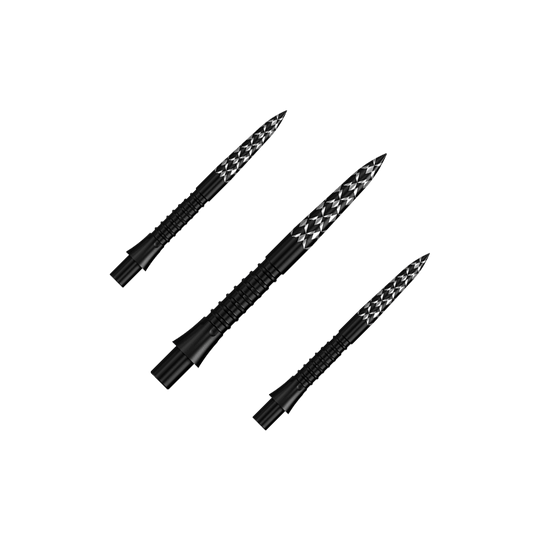 Embouts de fléchettes Mission Caliburn EVO avec logo GV - Noir Das Bild zeigt ein Set schwarzer Steeldartspitzen mit GV-Logo, 26 mm lang. Diese Spitzen sind speziell für Dartpfeile entwickelt worden.