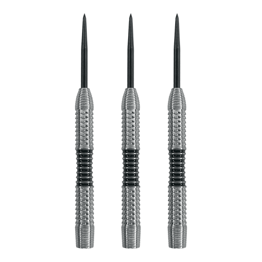 Corps de fléchettes en acier McDart Black Stripe 2 - 22 g Das Bild zeigt drei Steeldart-Barrels mit silberner Oberfläche und schwarzen Ringen in der Mitte. Es handelt sich um das Produkt "McDart Black Stripe 2 Steeldart-Barrels - 22g".