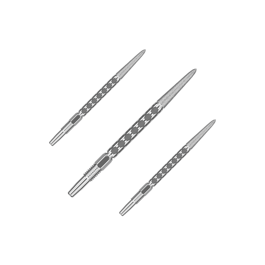 Pointes de fléchettes Target Swiss FLT Point - Argent Ein Set mit mehreren kurzen silbernen Dartspitzen ist nebeneinander angeordnet. Die Spitzen laufen parallel.