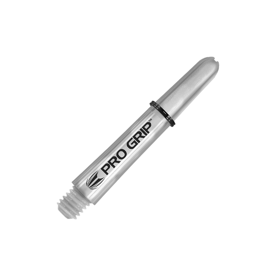 110195_Target_Pro_Grip_Shafts_Transparent_34mm_2 Auf dem Bild ist ein transparenter Pro Grip Schaft für Darts zu sehen. Er ist etwa 34 mm lang und hat einen schwarzen Gummiring.