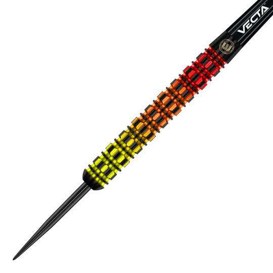 Fléchettes en acier parallèles Winmau Firestorm Flame Das Bild zeigt den Winmau Firestorm Flame Parallel Steeldart. Der Dart hat einen auffälligen Farbverlauf von Gelb über Orange zu Rot und ein markantes Rillendesign am Barrel.