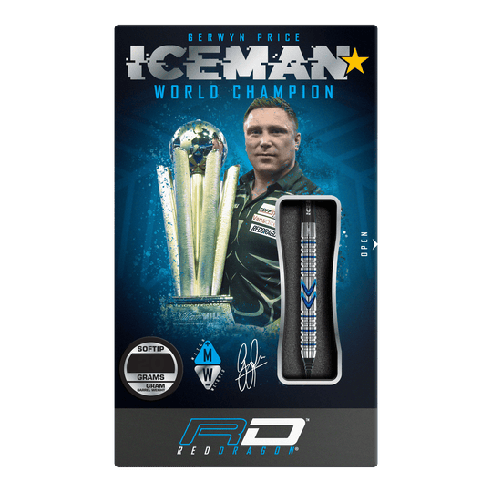 Fléchettes souples Red Dragon Gerwyn Price Iceman Midnight Edition - 20 g Die Verpackung zeigt die Red Dragon Gerwyn Price Iceman Midnight Edition Softdarts mit einem Gewicht von 20g. Auf der Vorderseite sind ein Bild von Gerwyn Price und ein Dartpfeil abgebildet.