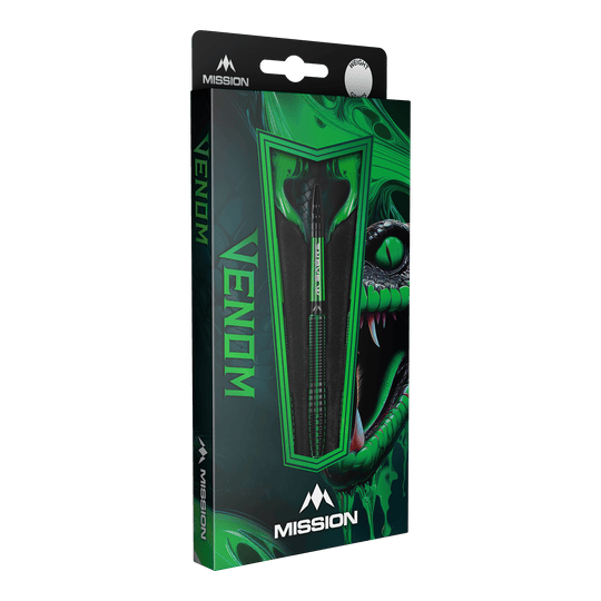 Fléchettes en acier Mission Venom Mehrere Mission Venom Steeldarts liegen nebeneinander. Die Oberfläche ist fein strukturiert.