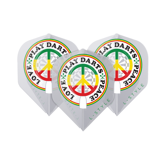 Volants L-Style Deta Hedman V4 Clear White L1PRO Das Bild zeigt drei weiße Dart-Flights der Marke L-Style Deta Hedman V4 L1PRO. Auf den Flights steht in bunten Farben der Schriftzug "LOVE PLAY DARTS PEACE" um ein Peace-Zeichen.