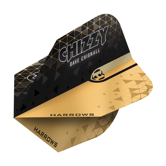 Harrows Prime Dave Chisnall Chizzy 2 No. 6 Flights Das Bild zeigt ein Harrows Prime Dave Chisnall Chizzy 2 No6 Flight. Das Flight ist schwarz-gold gestaltet und trägt den Aufdruck "CHIZZY DAVE CHISNALL" sowie das Harrows-Logo.