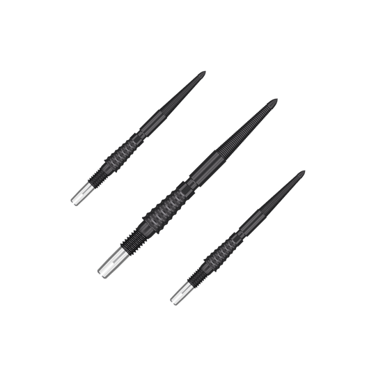 Pointes de fléchettes Target Swiss Storm LNC - Noires Auf dem Bild sind drei schwarze Dartspitzen mit silbernem Ende zu sehen. Sie liegen nebeneinander auf einem neutralen Hintergrund.