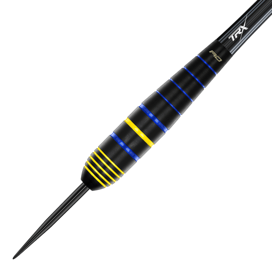 Fléchettes Red Dragon Luke Humphries, champion du monde en laiton et acier Das Bild zeigt einen Red Dragon Luke Humphries World Champion Brass Steeldart. Der Dart ist schwarz mit blauen und gelben Ringen verziert.