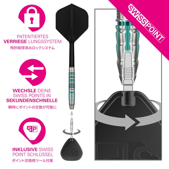 Fléchettes en acier Target Japan Black Marque Pierce Swiss Point à pointe noire Das Bild zeigt das Produkt Target Japan Black Marque Pierce Swiss Point Steeldarts. Die Steeldarts sind speziell für Präzision und Design bekannt.