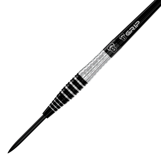 Fléchettes en acier Bulls Martin Schindler Original Generation 3 Das Bild zeigt den Bulls Martin Schindler Original Generation 3 Steeldart. Der Dart hat ein silber-schwarzes, geriffeltes Griffstück und eine spitze Metallspitze.