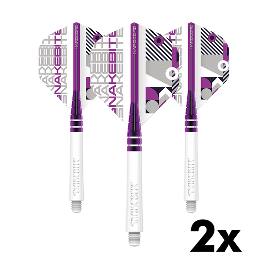 Das Bild zeigt das Produkt "Red Dragon Peter Wright White Flight Shafts Combo Pack" mit drei weißen Shafts und bunten Flights. In der rechten unteren Ecke steht "2x", was auf zwei Sets hinweist.