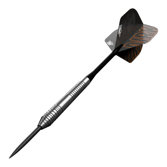 Bulls NL Dirk Van Duijvenbode 80 fléchettes en acier Dies ist ein Steeldart aus der Serie "Bulls NL Dirk Van Duijvenbode 80". Der Dart hat ein silbernes, geriffeltes Barrel und schwarze Flights mit orangefarbener Aufschrift.