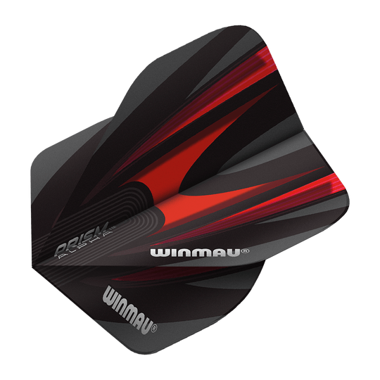 6915-167_Winmau_Prism_Alpha_6915-167_Standard_Flights_2 Das Bild zeigt einen Winmau Prism Alpha 6915.167 Standard Flight für Darts. Das Flight-Design ist überwiegend schwarz mit roten und grauen Akzenten sowie dem Winmau-Logo.