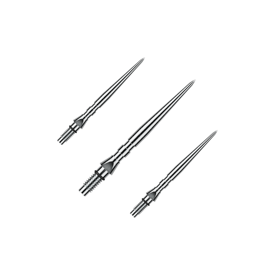 Pointes de fléchettes en acier Winmau Switch Point Groove - Effet argenté Auf dem Bild ist ein Set von silbernen Steeldartspitzen mit Rillen zu sehen, wahrscheinlich 'Switch Point Groove Silver Effect' und 26mm lang. Das Set ist für den Einsatz bei Steeldarts gedacht.