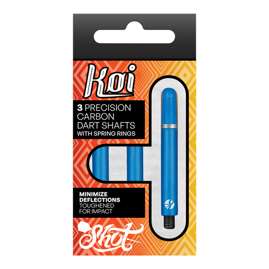 Tiges en carbone Shot Koi - Bleues Die Abbildung zeigt eine Verpackung mit drei blauen Carbon-Dartschäften der Marke Koi. Auf der Packung steht, dass die Schäfte Präzision bieten, mit Sprengringen ausgestattet sind und Abweichungen minimieren.