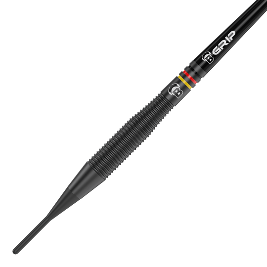 Fléchettes en laiton noir Bulls Martin Schindler The Wall - 18 g Das Bild zeigt einen schwarzen Softdart mit auffälligen Rillen für besseren Halt. Auf dem Dart sind außerdem farbige Ringe und die Aufschrift "B GRIP" zu sehen.