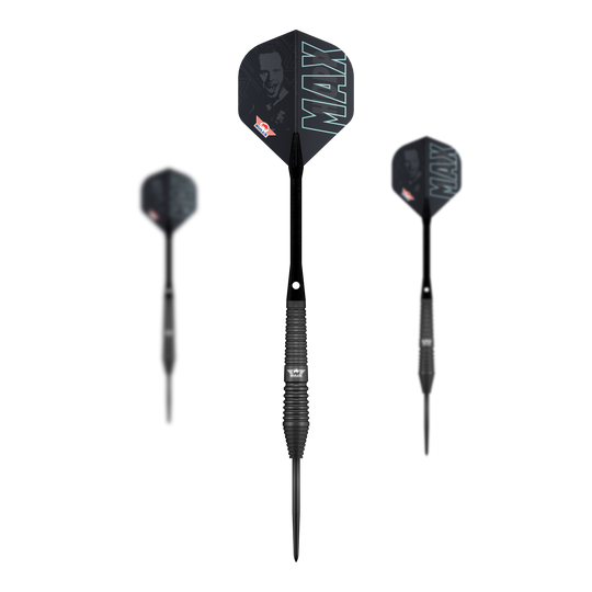 Fléchettes en acier noir Max Hopp de Bulls NL Das Bild zeigt die Bulls NL Max Hopp Black Steeldarts. Es handelt sich um ein Set von hochwertigen Steeldarts für Präzisionsspiel.