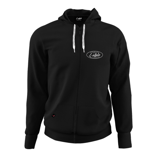 Sweat à capuche style L - Noir Das Bild zeigt einen schwarzen Hoodie mit Reißverschluss und Kapuze. Auf der Brust befindet sich ein weißes "L-Style"-Logo.