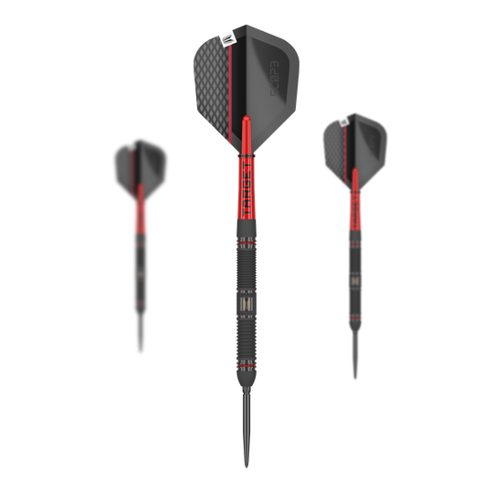 Target Scope 01 Fléchettes en acier Swiss Point Das Bild zeigt drei Steeldarts des Modells "Target Scope 01 Swiss Point". Die Darts sind überwiegend schwarz mit roten Akzenten und haben ein modernes, sportliches Design.