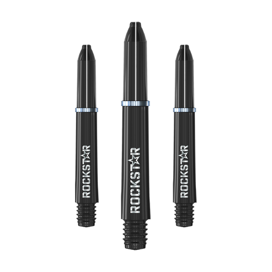 Manche en nylon Winmau Joe Cullen Rockstar Noir Das Bild zeigt drei schwarze Dartschäfte mit der Aufschrift "ROCKSTAR". Sie sind jeweils mit einem silbernen Metallring versehen.