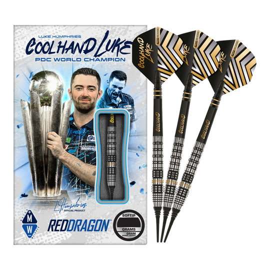 Fléchettes souples Red Dragon Luke Humphries Prestige - 20 g Auf dem Bild sind die Red Dragon Luke Humphries Prestige Softdarts mit 20g Gewicht zu sehen. Die Verpackung zeigt ein Bild von Luke Humphries und die Darts sind schwarz mit silbernen und goldenen Details.