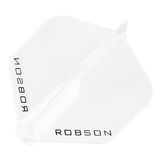 Vols Robson Plus - Standard Das Bild zeigt einen klaren Dart-Flügel mit der Aufschrift "ROBSON". Der Flügel hat eine standardmäßige, sechseckige Form.