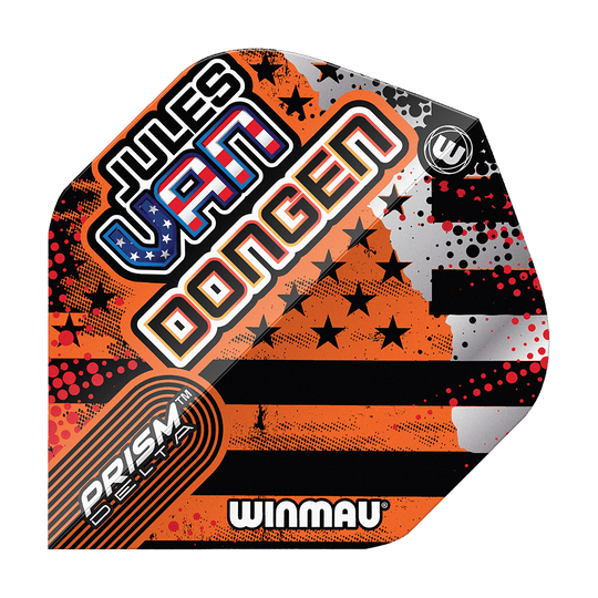 Vols standard Winmau Prism Delta Jules Van Dongen Das Bild zeigt ein Winmau Prism Delta Dart-Flight mit dem Namen "Jules Van Dongen". Das Flight-Design enthält auffällige Farben, Sterne und Streifen sowie den Schriftzug "Winmau".