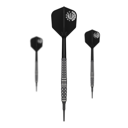 Das Bild zeigt drei schwarze Softdarts des Modells "Target Japan Paul Lim The Legend GEN8 - 19g". Die Darts haben silberne Griffringe und schwarze Flights mit weißem Logo.