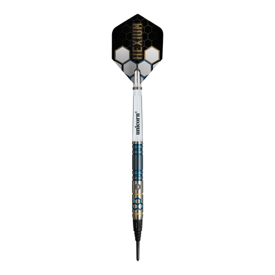 Fléchettes souples Unicorn Hexium Style 02 bleues et dorées - 21 g Hier sieht man die Unicorn Hexium Style 02 Blue & Gold Softdarts - 21g. Die Darts sind in Blau und Gold gehalten.
