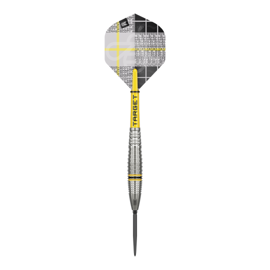 Fléchettes en acier Target Scott Williams GEN2 Swiss Point Dieses Bild zeigt einen Target Scott Williams GEN2 Swiss Point Steeldart. Der Dartpfeil hat ein silbernes Griffstück mit gelben Akzenten und ein individuell gestaltetes Flight-Design.