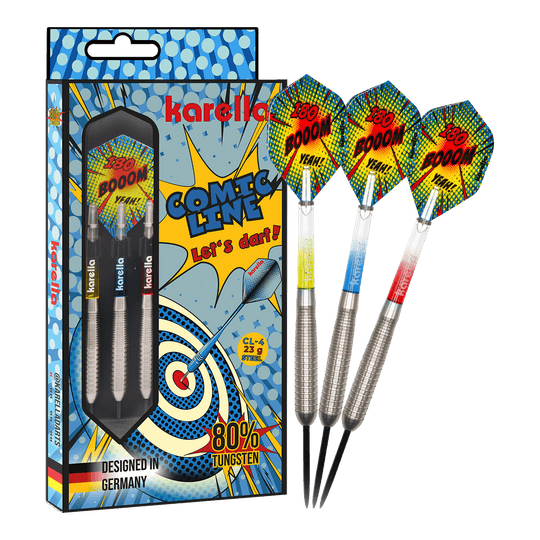 Fléchettes en acier Karella Comic Line CL-4 - 23 g Das Bild präsentiert die Karella Comic Line CL-4 Steeldarts mit einem Gewicht von 23g. Diese Darts sind robust und für ambitionierte Spieler konzipiert.