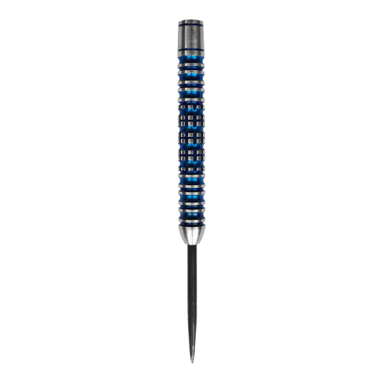 Flèches McDart Ocean Steeldart Barrels - 23 g Das Bild zeigt ein McDart Ocean Steeldart Barrel mit einem Gewicht von 23g. Der Barrel hat ein silber-blaues Design mit Rillen und einem spitzen Ende.