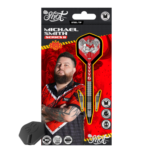 Fléchettes en acier Michael Smith Series 2 Turbo Point Abgebildet sind die Shot Michael Smith Series 2 Turbo Point Steeldarts. Sie sind speziell für Präzision und Kontrolle beim Dartspielen entwickelt.